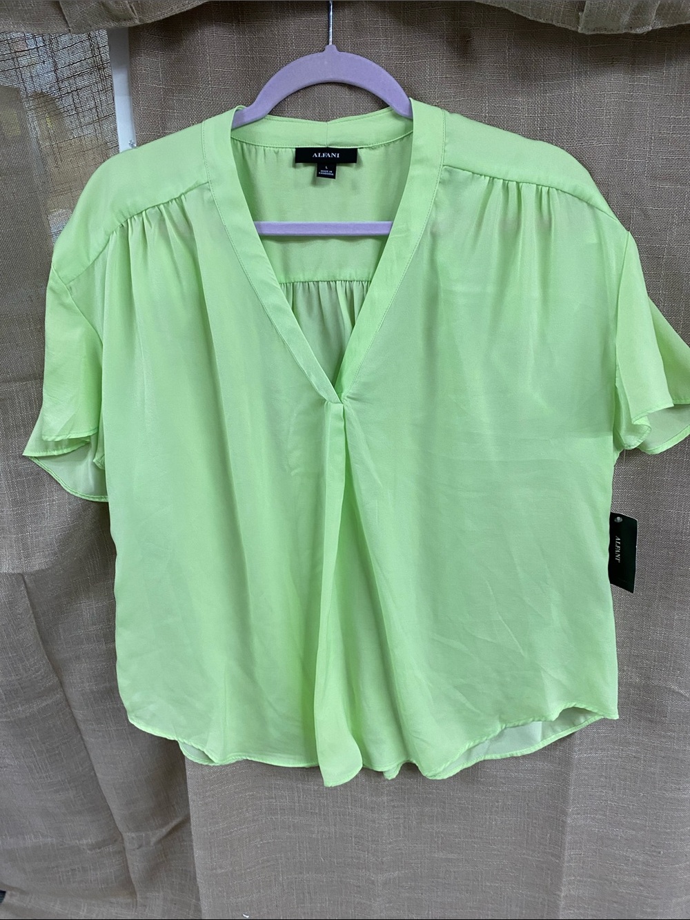 Alfani Neon Lime Split V-Neck Short Sleeve Blouse